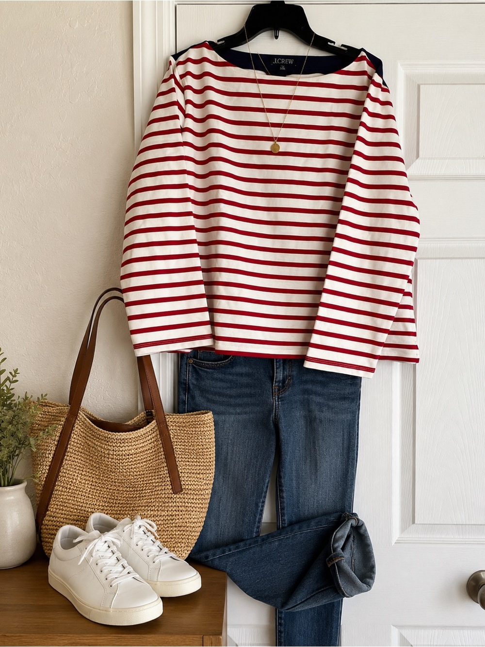 J. Crew Red and White Striped Boatneck Top